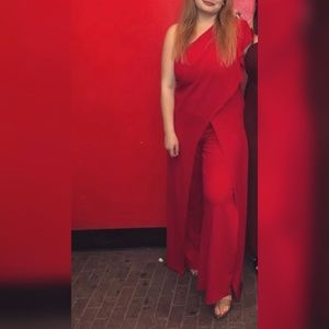 Adrianna Papell Red One Shoulder Crepe Melania Jumpsuit